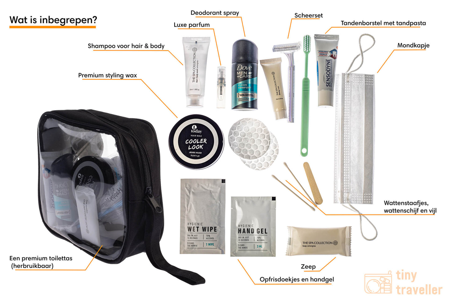 The Tiny Traveller all-in-one kit has everything you need for your next trip. The premium bag comes with a full set of high quality personal products that will save you time to pack and lots of money. All the products come in travel-friendly sizes, so you can take your Tiny Traveller in your carry-on luggage!